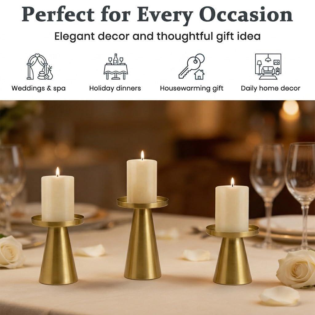 3PCS Gold Iron Candle Holder Set, Pillar Plate Stand for LED Wax Elegant Candle Stand for LED & Wax Candles, Incense Cones, Spa, Weddings