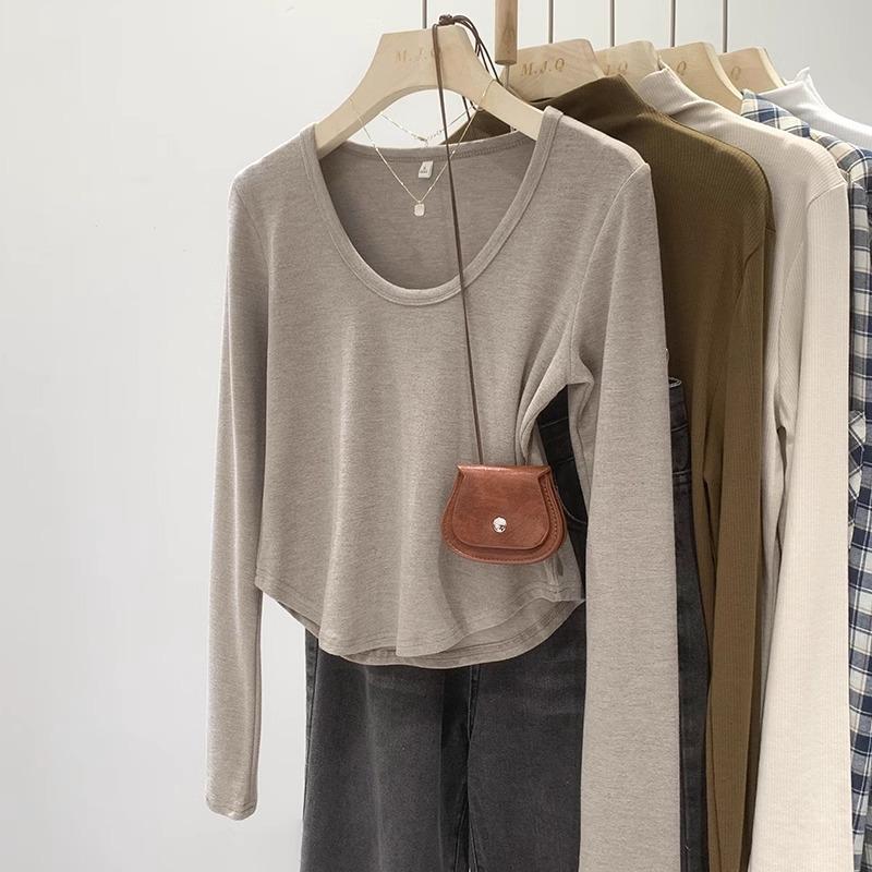 

11 thread 1g, cotton 9 elastane t-shirt women s autumn and winter new thin u-neck solid color shirt women s 2XL