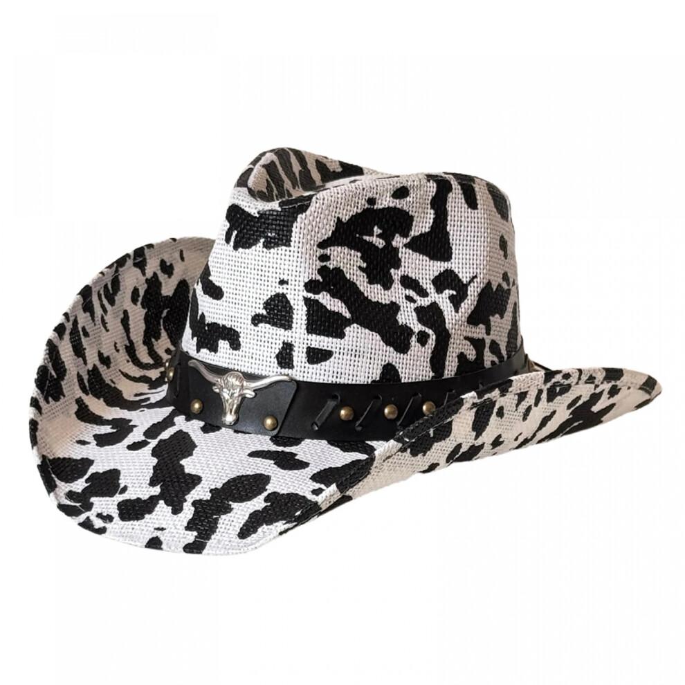 (M, White) Straw Sun Hat Retro Tie-Dye Cow Spots Print Wide Brim Western Cowgirl Hat