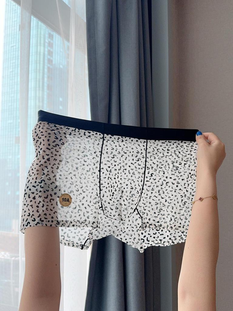 Cueca Boxer Masculina Transparente Estampa Leopardo Ultra-Fina Seda Gelada 10A com Aroma de Camélia Antibacteriano
