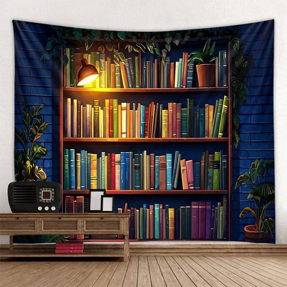 Vintage bookshelf tapestry dreamy window library wall hanging, aesthetic art decoration, home living room bedroom background