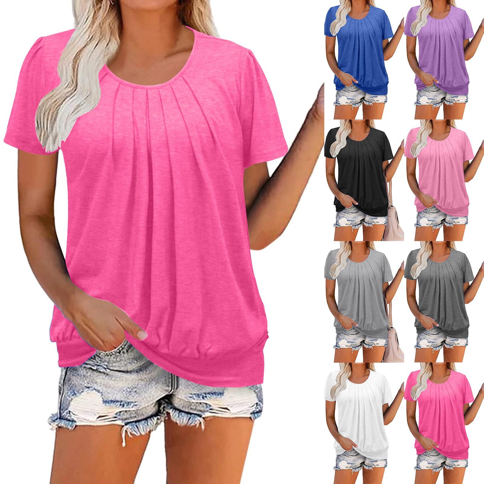 

Женская однотонная плиссированная повседневная футболка с короткими рукавами и круглым вырезом L чёрный