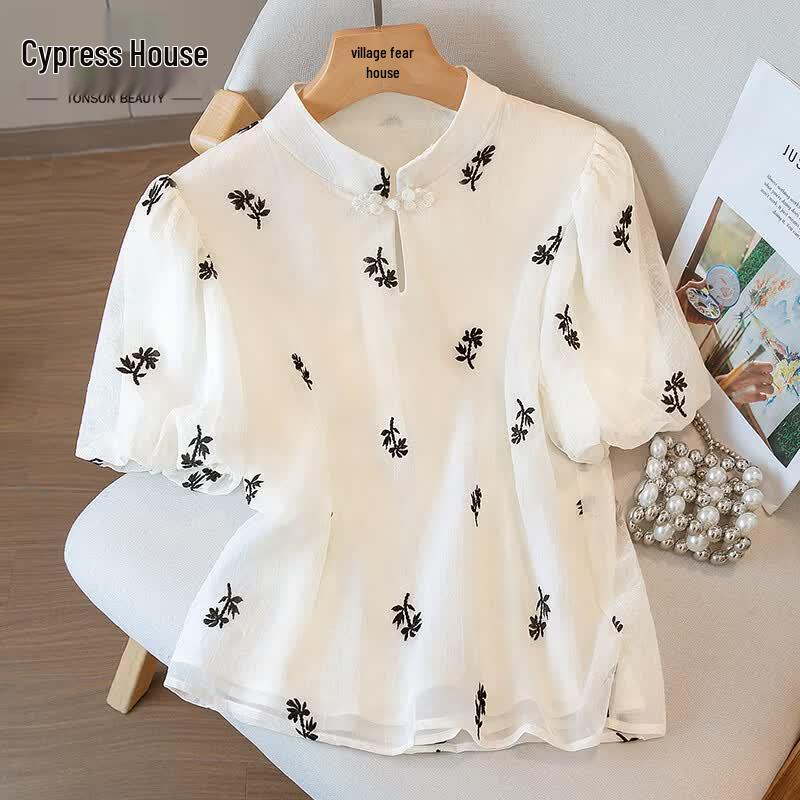 Women s Chinese Style Embroidered Stand-up Collar Short Sleeve Blouse M