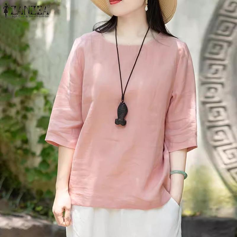 ZANZEA Damen Sommer Rundhals Halbarm Blusen