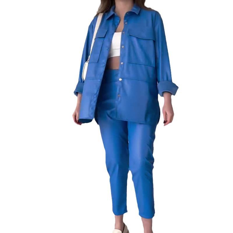 2024 Spring European & American Women's Fashion Solid Color Leather Casual Loose Long Pants Set