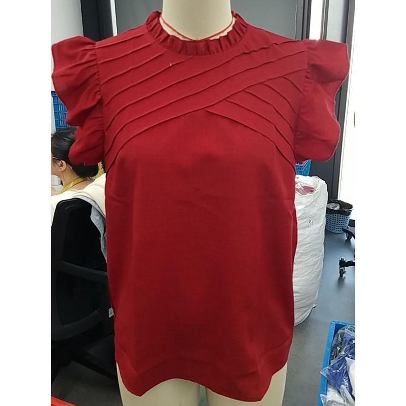 New Summer Pleated Ruffle Flying Sleeve Casual Blouse Women Solid Short Sleeve Round Neck Loose Shirts Women's Clothing Elegant Slim Fit Tops 26595