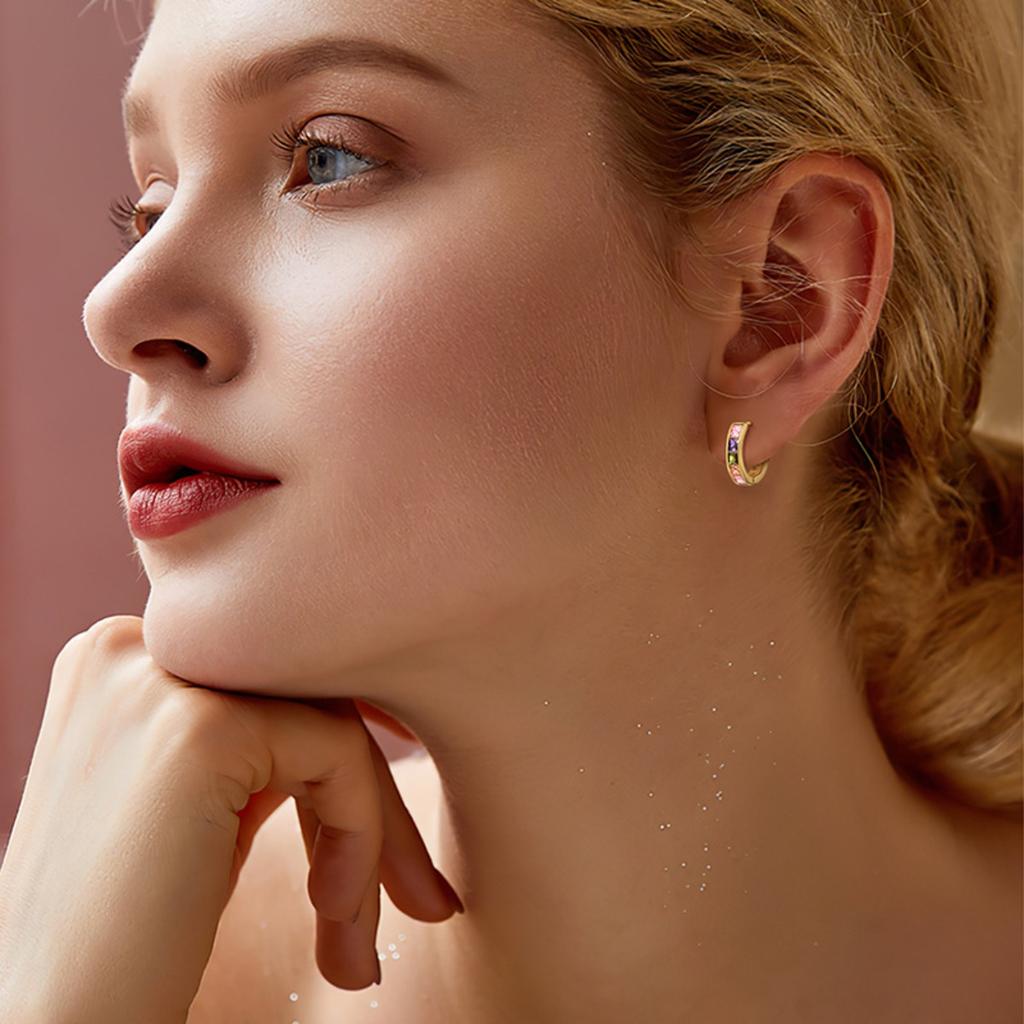 Gold Tone Multicolor Square Cut Huggie Hoop Earrings for Women Rainbow Colorful Elegant Daily Party Jewelry