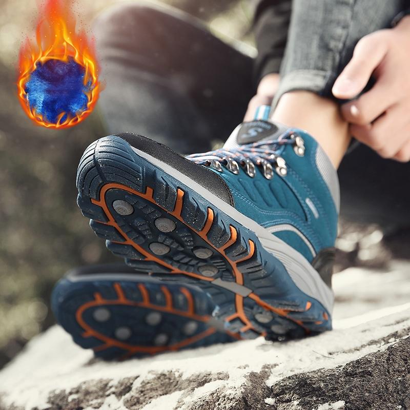 Unisex Peacock Blue Fleece Lined Boots Men Women Outdoor Non-Slip Hiking Shoes Thermal Thick Bottom Warm Climbing Sneakers