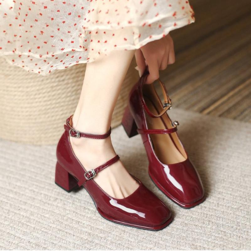 Women's retro thick heeled shoes Mary Janes HighQuality Leather Shoes Women SquareToe Shallow Buckle Strap ladies footwear Mujer