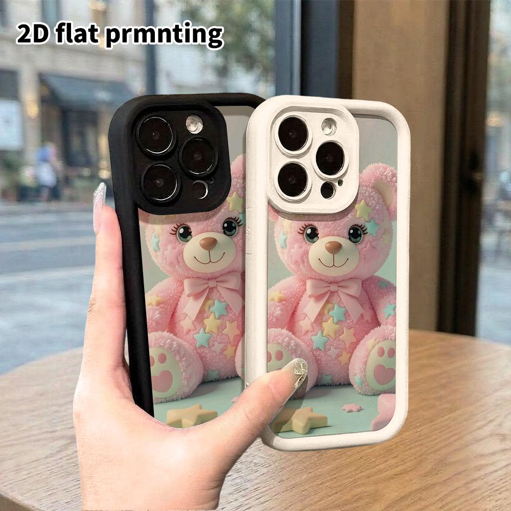 Phone Case: 2D Flat Design Suitable for iPhone 18, 17, 16, 15, 14, 13 Pro Stepped Protective Case, Pink Plush Little Bear, Christmas and Halloween Gif