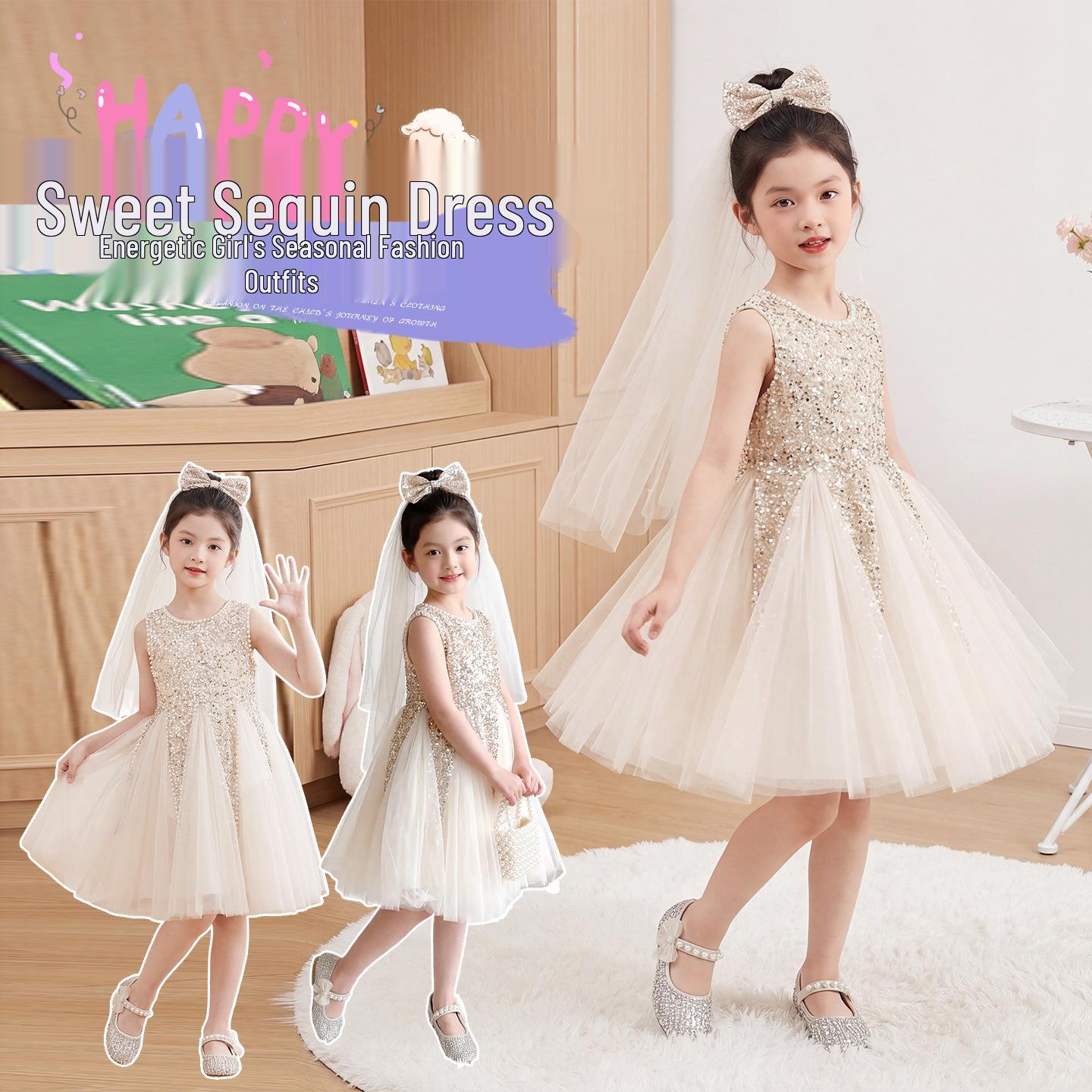 Girls Mermaid Sequin & Mesh Princess Dress - Summer Formal for Young & Mid-Age Children 100 cm