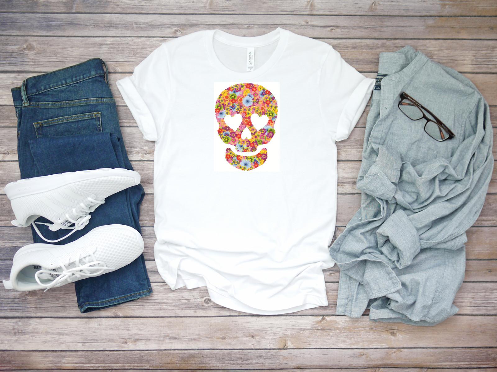 Colorful Flowered Skull Short Sleeve White Men T-shirt K196 XXXXL
