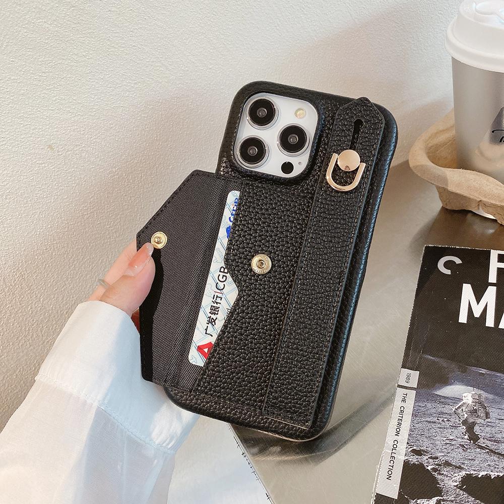 For iPhone 14 Pro Case with Card Slot Wristband Kickstand PU Leather+PET Phone Cover