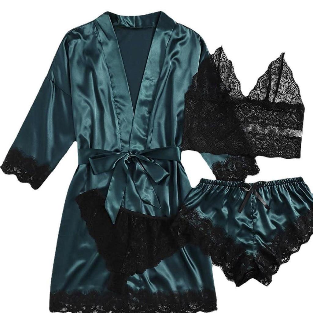 European Luxury V-neck Satin Pajama Set: Lace Cami, Five-Point Sleeve Robe, Four Pieces