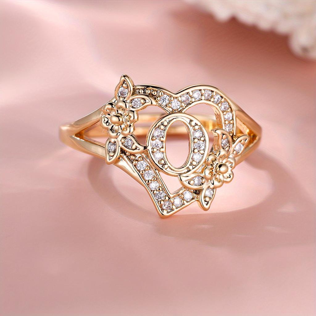 1 Stück goldene Farbe 26 englische Buchstaben CZ Zirkon Ring Rose Blume verstellbare Öffnung Ring Ehering Schmuck Valentinstag Geschenk