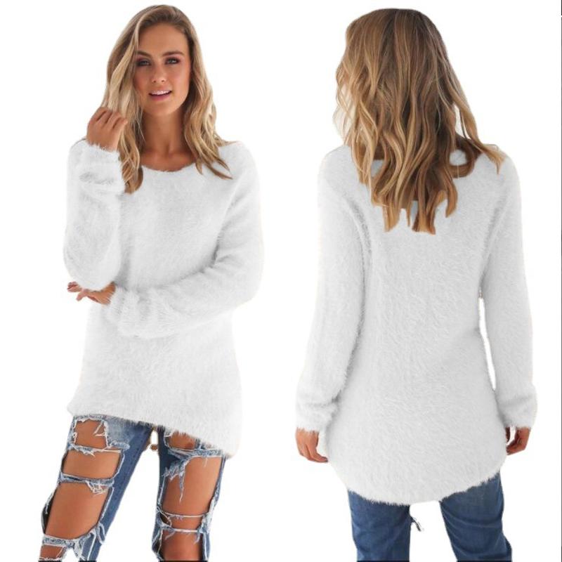 Herbst Winter Damen Warmer Pullover Einfarbig Langarmpullover Rundhals Locker Baumwolle Gestrickter Pullover Langer Pullover Lässige Oversize Bluse Damen