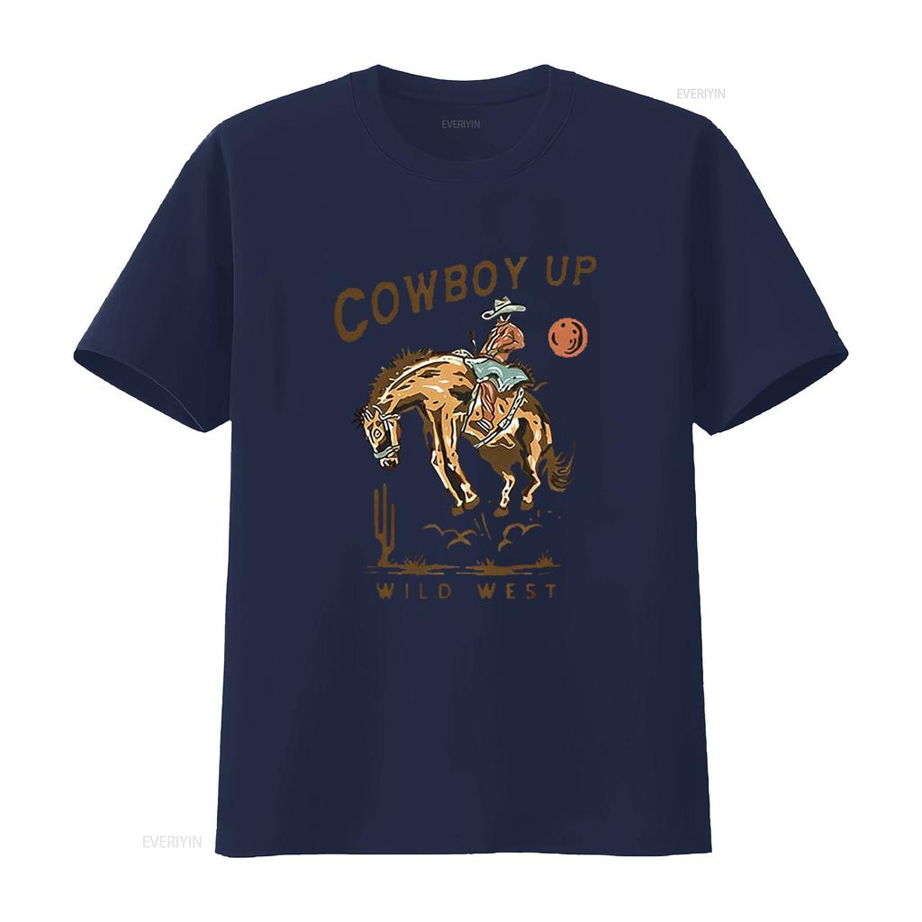COWBOY UP WILD WEST American Retro Round Neck Womens T Shirt Black X Large vintage Washed Stretched Top For Everyday Wear