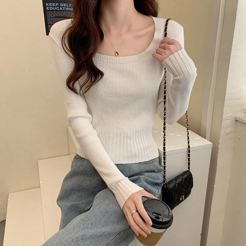 Dámské jaro podzim čtvercový límec dlouhý rukáv jednobarevné tenké svrchní oblečení krátký pletený svetr