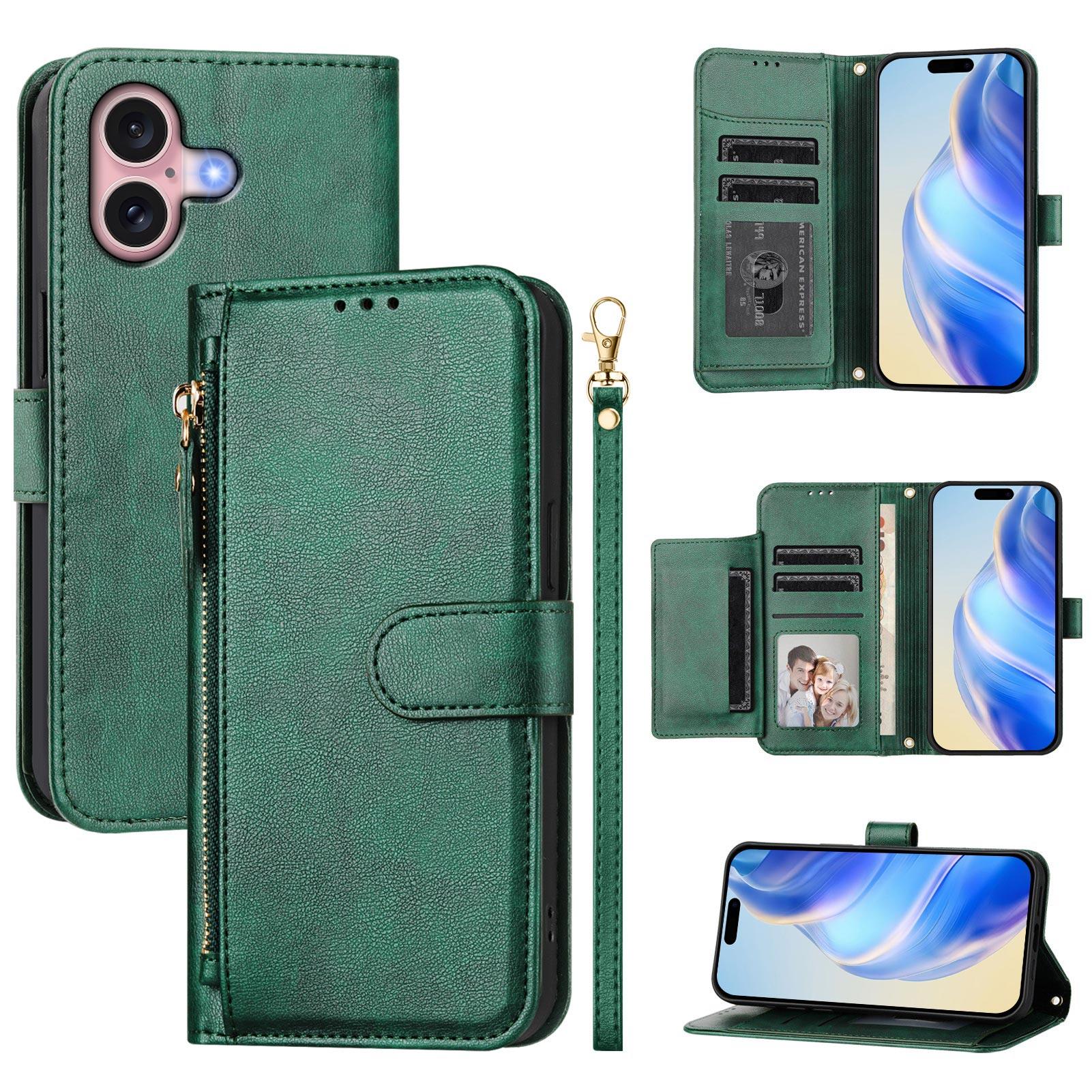 

For iPhone 16 Plus Case Zipper Pocket Multiple Card Slots Leather Phone Cover C