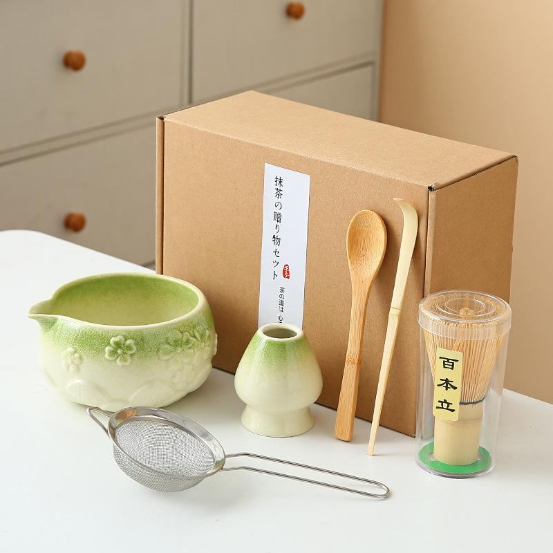 8pcs Cherry Blossom White Matcha Bowl with Matcha Whisk Set, Japanese Tea Set Includes Matcha Bowl with Spout