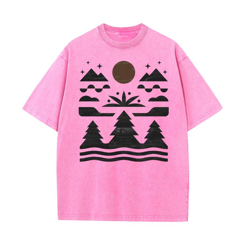 Mountain Outdoors Tree Washed T Shirt Leisure Discount Round Collar All Cotton Tops Tees Washed Tshirts for Women Father Day
