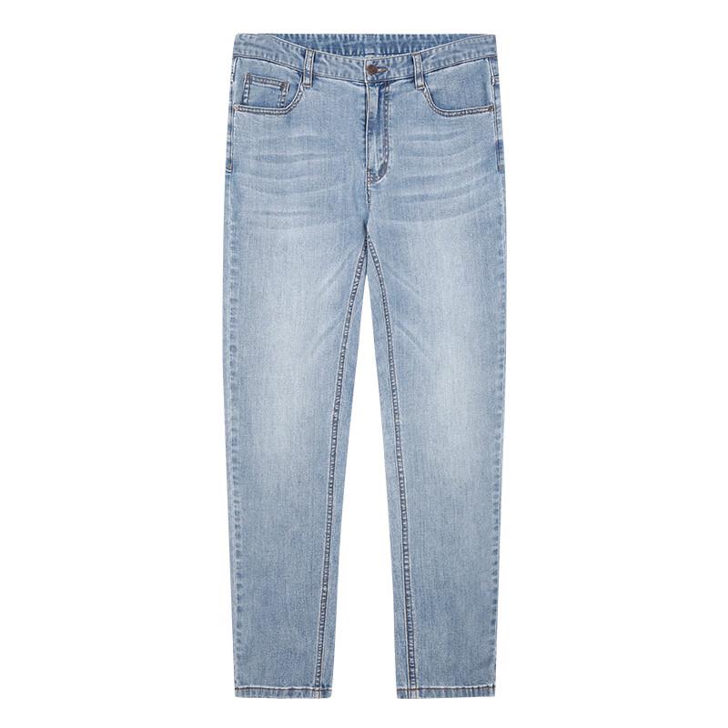 Men's Light Blue Washed Straight Leg Stretch Jeans with Letter Print