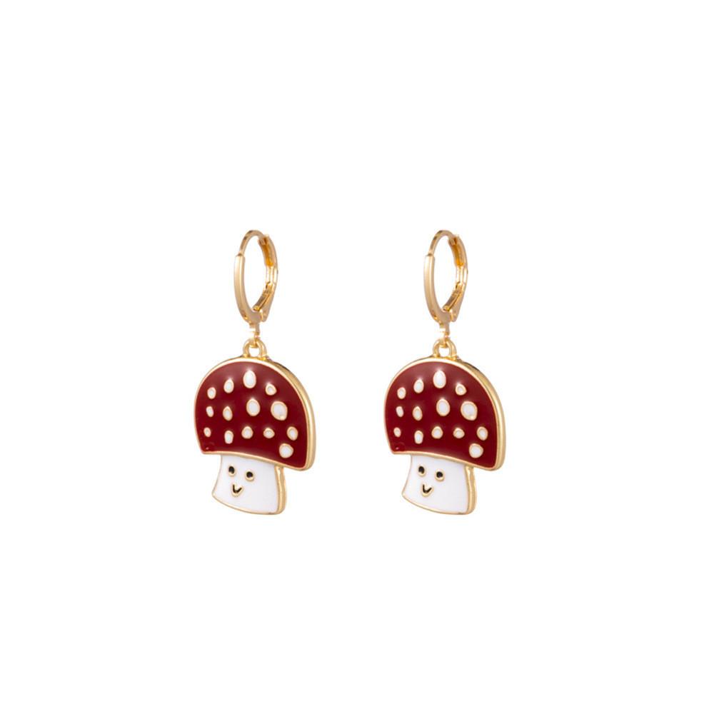 Fashionable Geometric Mushroom Earrings With Smiling Faces For Women Alloy Red