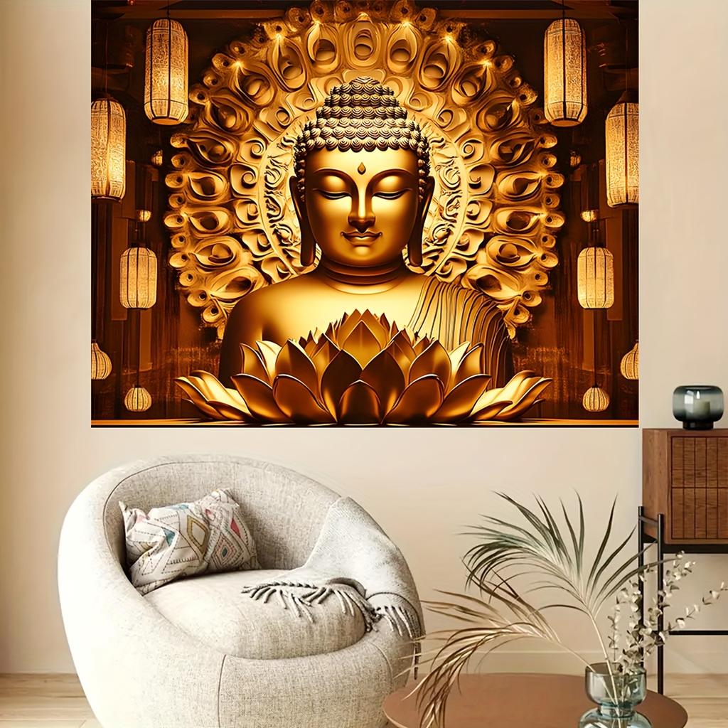 Sacred Golden Buddha Wall Tapestry Zen Enlightenment Meditation Art Asian Spiritual Room Decor Mural Hanging Canvas Print