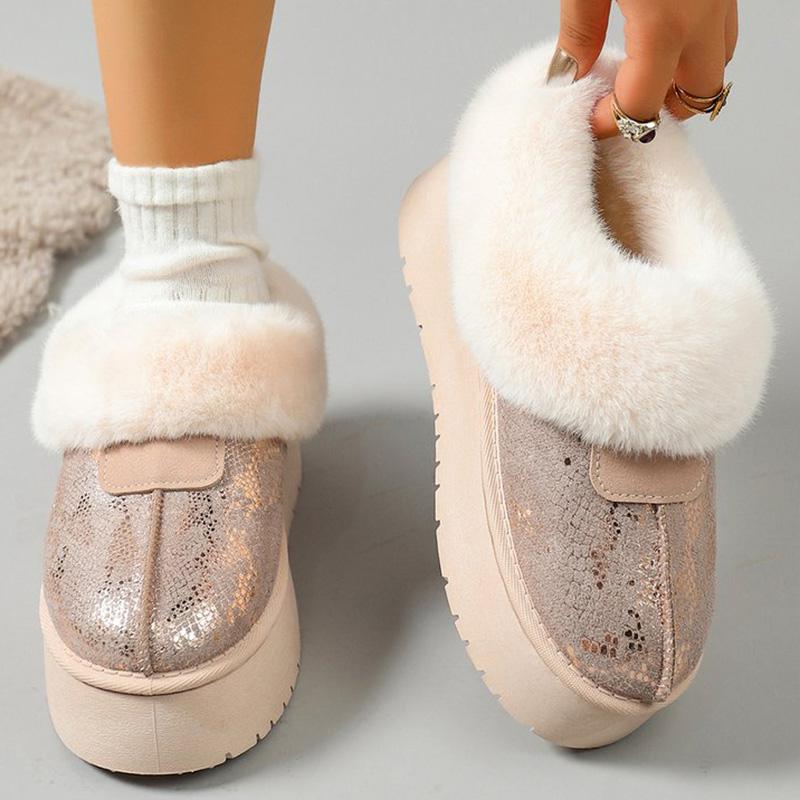 Fashion Chic Beige Shiny Snow Boots for Women 2025 Winter Korean Short Plush Warm Boots Woman Round Toe Thick Bottom Booties Female