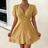 Damenkleid neu Europäisch und Amerikanisch beliebt Sexy Blumenspitze Schnürung Taille Kurzärmelig V-Ausschnitt
