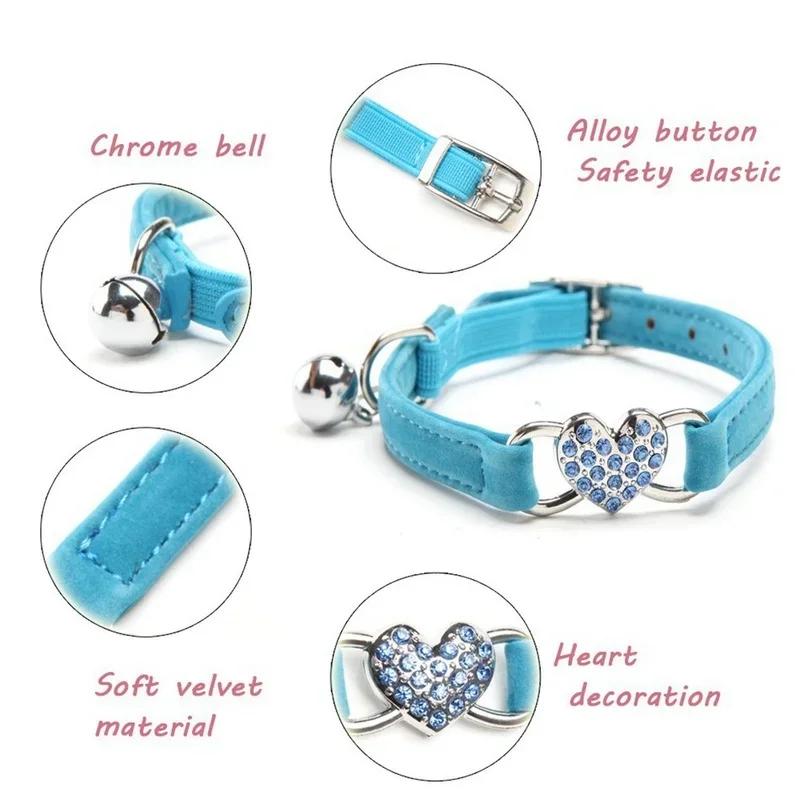 Rhinestones Heart Cat Collar Puppies Dog Safety Elastic Adjustable Charm and Bell Kitten Accessories Small Collar