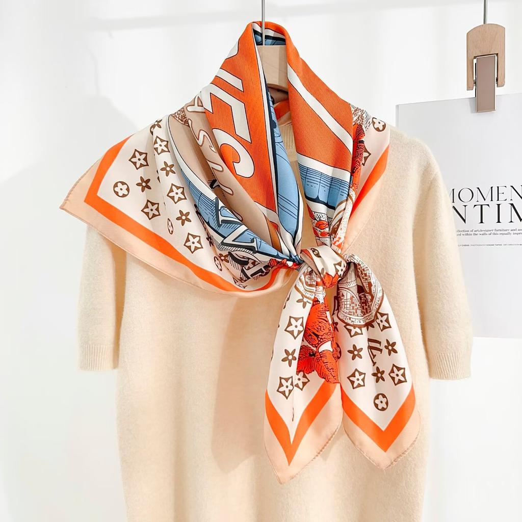 New printed twill square scarves: versatile scarves for travel and the workplace, including professional neckerchiefs