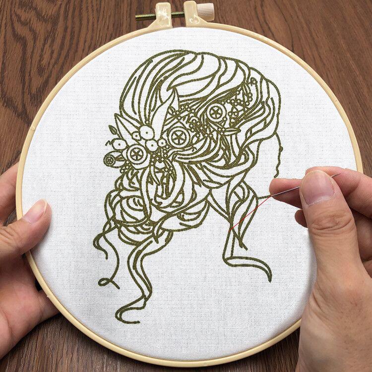 1pc Women's Hair and Flower Pattern Embroidery DIY Fabric Craft Kit Creative Craft Sewing