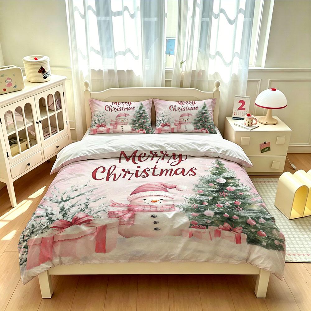 3pcs(1 bedding cover + 2 pillowcases) in pink featuring a Christmas snowman and Christmas tree perfect for home decoration