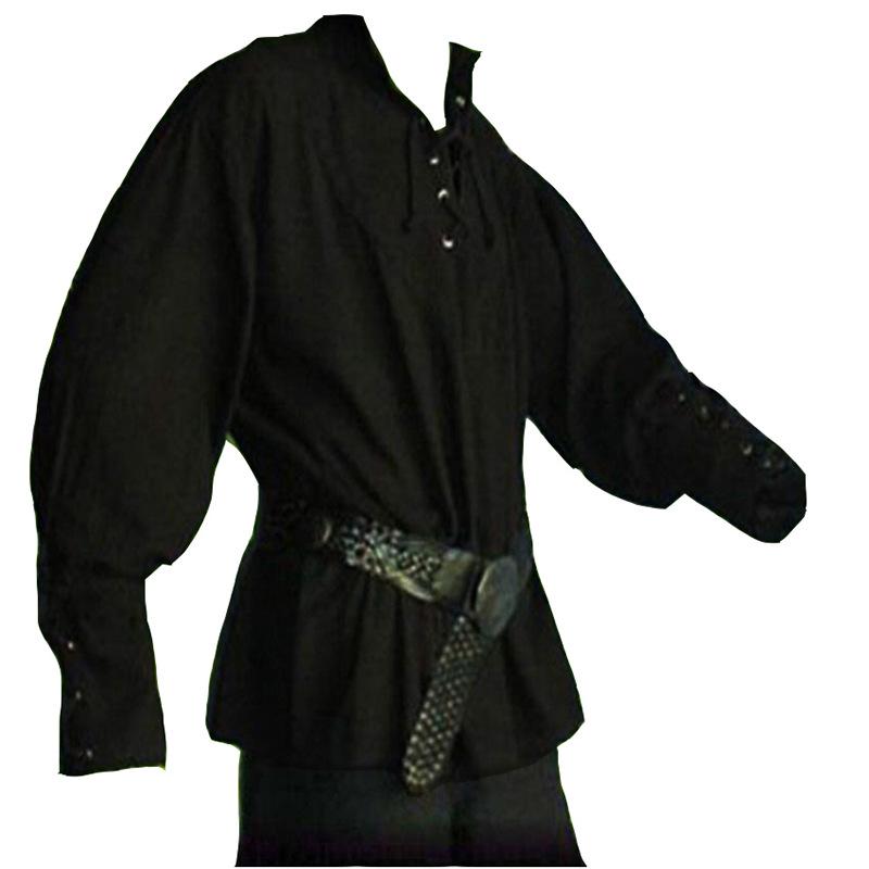 European and American Men's Retro Medieval Lace-Up Long Sleeve Loose-Fit Shirt