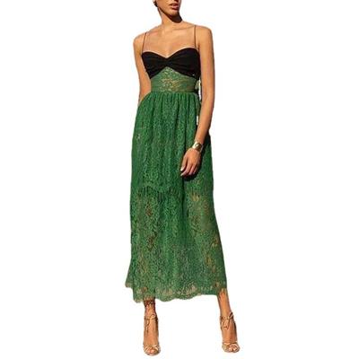 Summer European And American New Women'S Dress Suspender Sexy Lace Green Hollow Holiday Multi-Layer Long Dress
