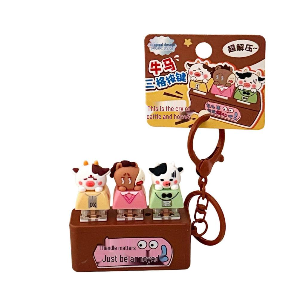 Decompression Wooden Fish Keychain Pendant Toy with Cow and Horse Buttons