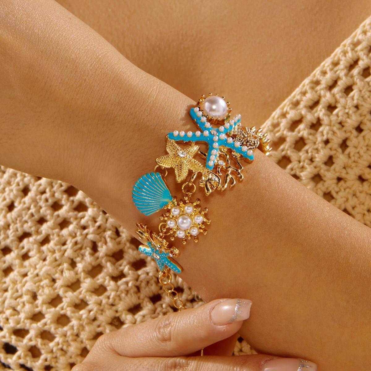 

Imitation Pearl Blue Enamel Starfish Shell Coral Necklace Bracelet Set For Women Men Summer Sea Animal Beach Party Jewelry Set