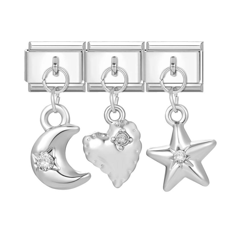 Y2K 3PCS Colorful Crystal Zircon Pendant Moon Star Bow Italian Charm Links Stainless Steel Fit 9mm Bracelet Jewelry DIY Making