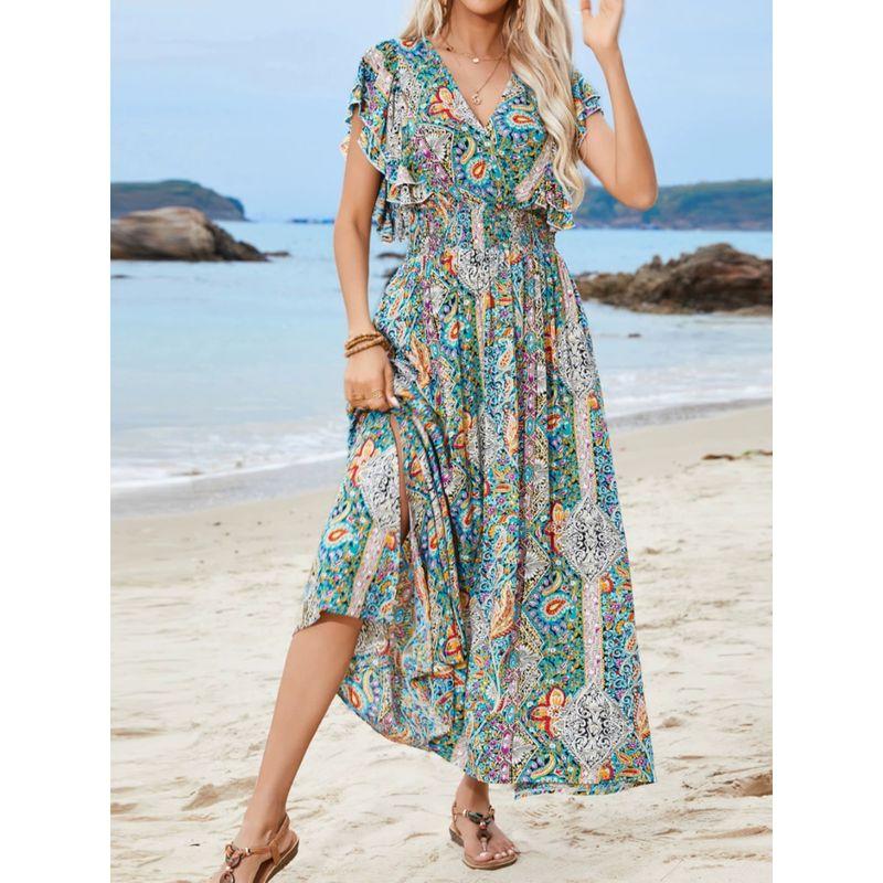 Bohemia Style Front and Back V-neck Tied Elastic Waist Rayon Floral Split Lotus Leaf Sleeve Dress Beach Dress