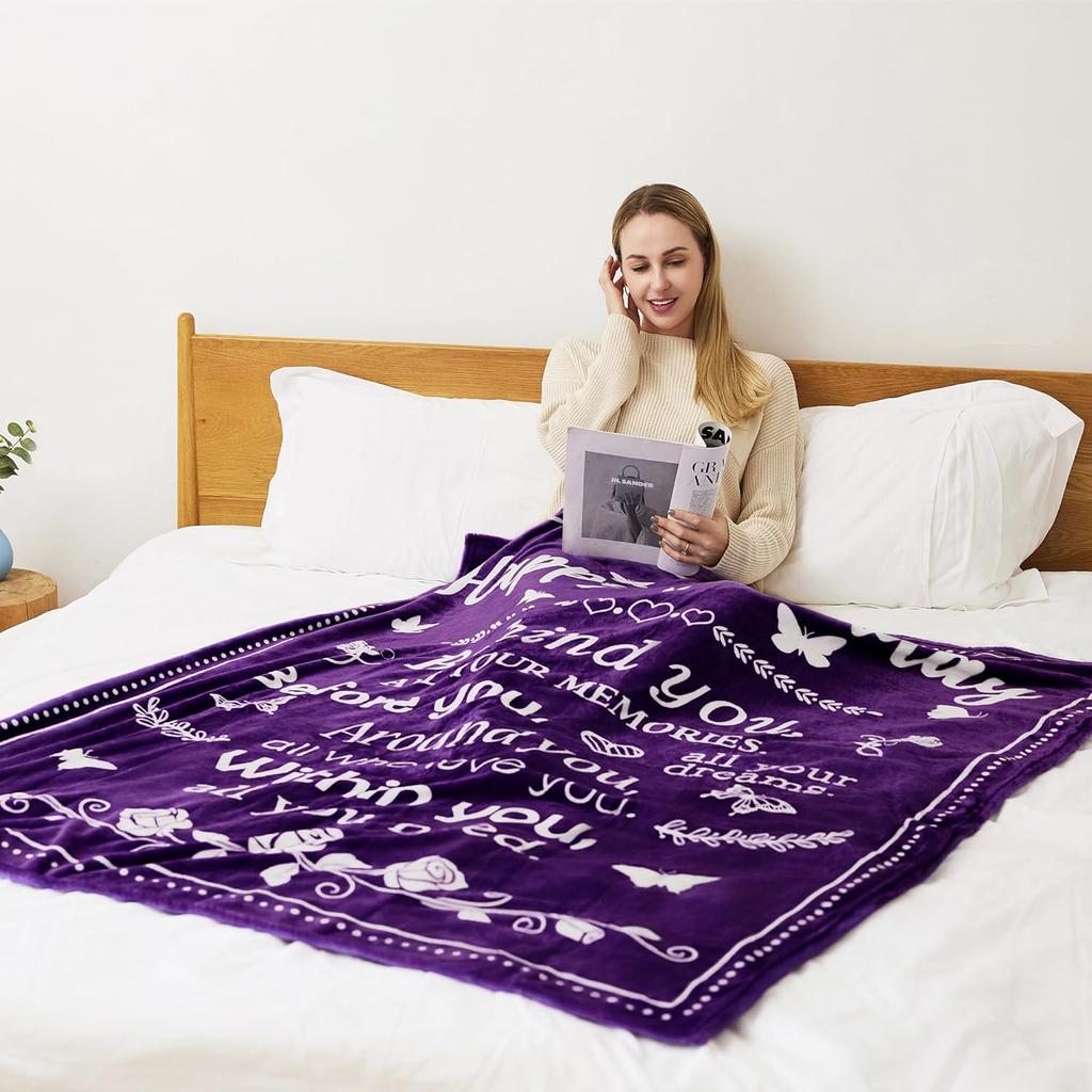 Birthday Gifts for Women/Men/Her/Him Friendship Blanket Purple 60"x50", Happy Birthday Decorations Women/Men Throw Blanket, Bday Gifts for Women