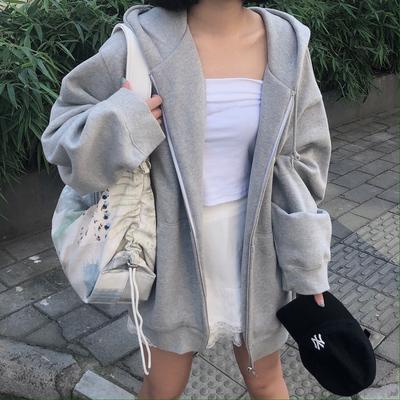 Autumn and Winter Loose Korean Version Gray Hooded Thin Velvet Sweater Women's Zipper Jacket Women's Top