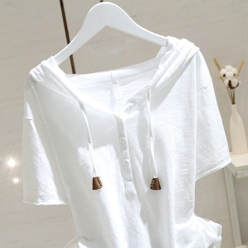 Women's White Hooded Short-Sleeve Loose Fit Slimming Pullover, 2025 Spring/Summer Collection