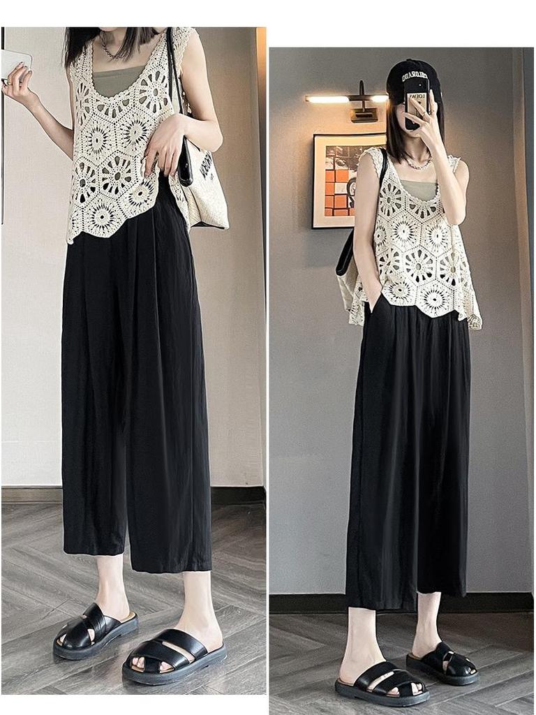 Women's High Waist Ice Silk Wide-Leg Carrot Pants - Petite, Slimming, Casual, Eight-Ninth Length for Spring/Summer