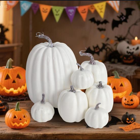 7Pcs Artificial Pumpkin Fall Decoration Thanksgiving Halloween Harvest Festival Foam Faux Pumpkin Ornament Assorted Size Fake Vegetable Party Decor