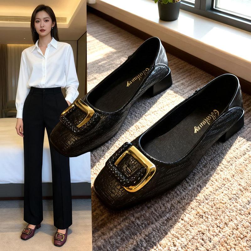 Square Buckle Temperament Single Shoes Women's Autumn New Shallow Mouth Square Head Soft Sole Women's Shoes Gentle French Low Heels