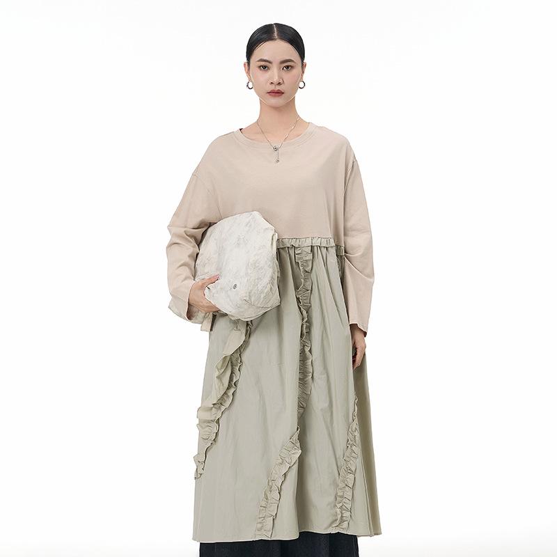 

2026 Spring Women s Plus Size Long Sleeve Ruffle Shirt Dress – Loose Pleated Slimming Design One Size хакі