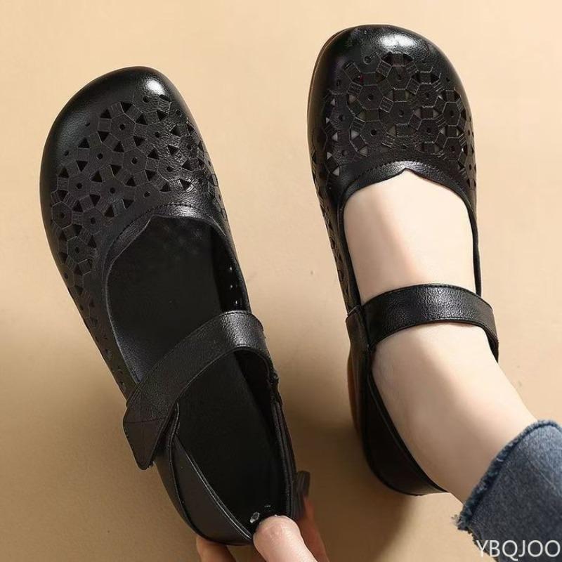 Genuine Leather Sandals Hollow Women 2025 New Model Summer Large Size Wedges Heel Shoes Comfort Women Soft Casual Sandals
