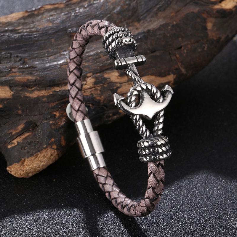 New Stainless Steel Anchor Bracelet Men's Jewelry Punk Black Woven Genuine Leather Bracelet Charm Vintage Gifts