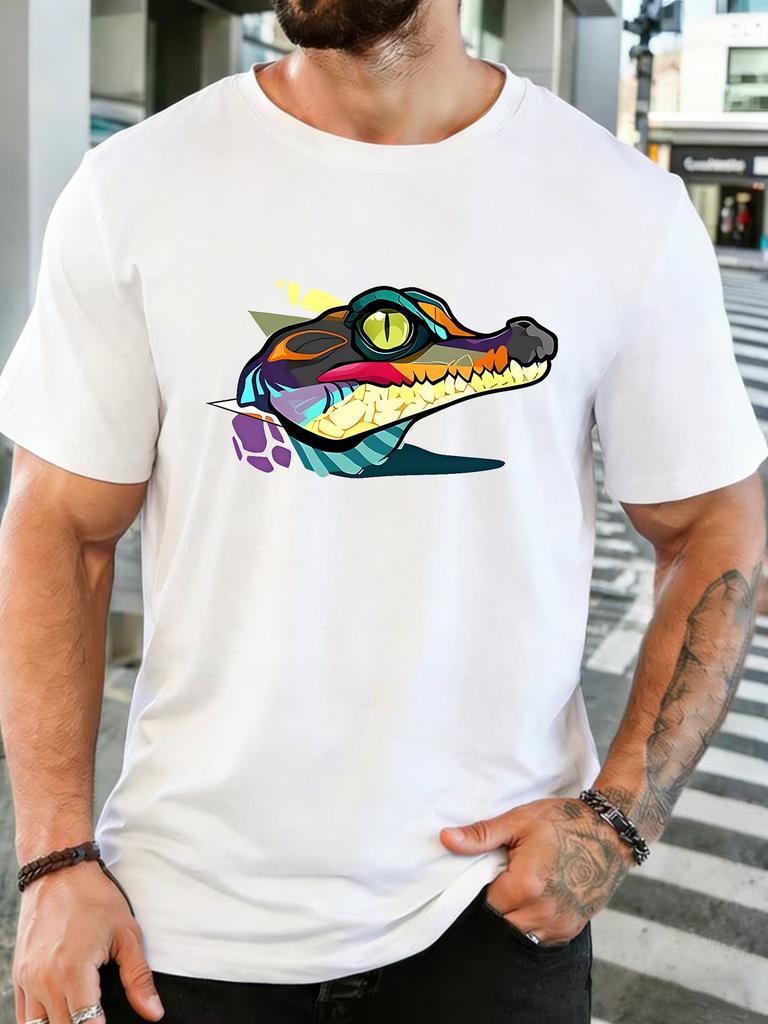 Unisex Vibrant Crocodile Graphic Cotton Short Sleeve Tee Crew Neck Loose Male Summer Street Animal Print Soft Casual Breathable Top